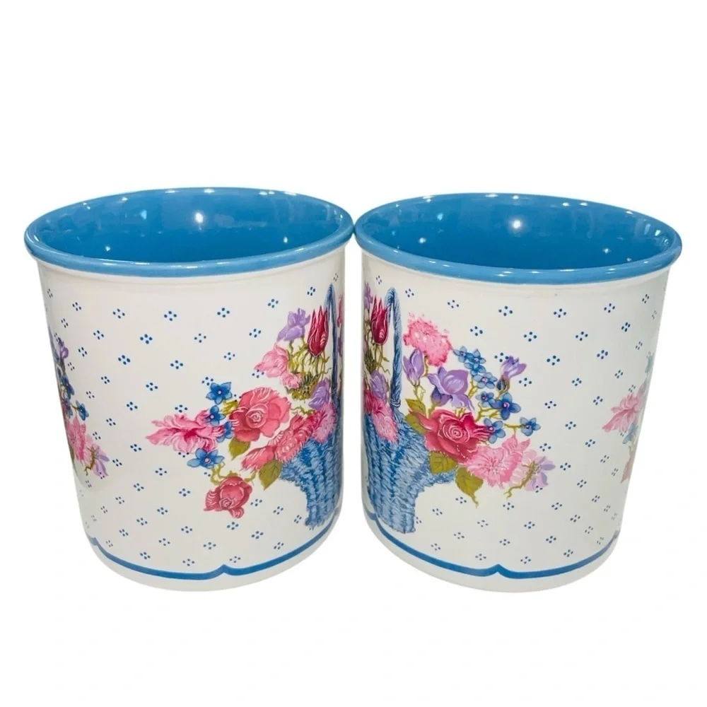Vintage 1988 Potpourri Press Floral Korean Basket Mugs –Set of 2 Coffee Cups 8oz